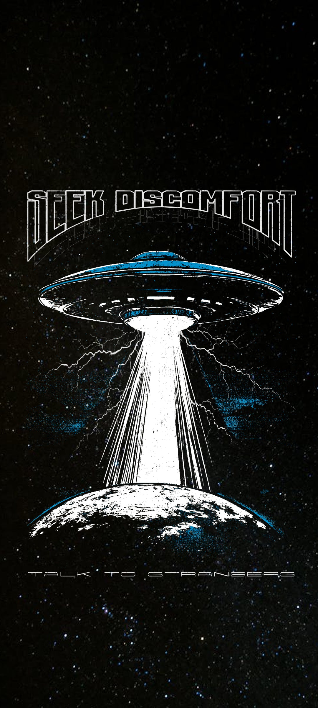 UFO graphic with 'Seek Discomfort' text on a dark background