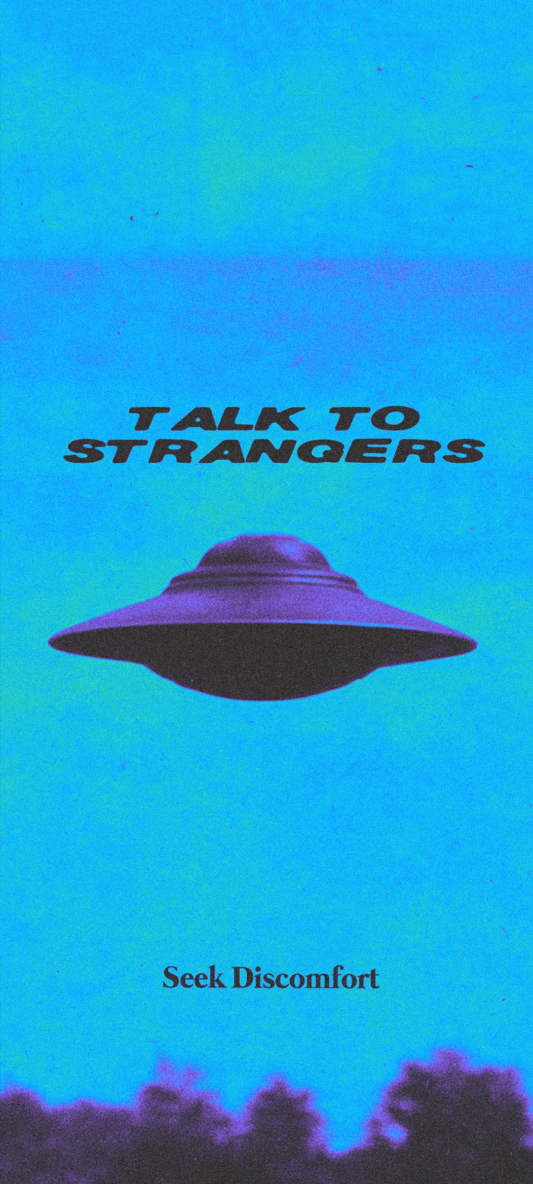 UFO with 'Talk to Strangers' text on a blue gradient background