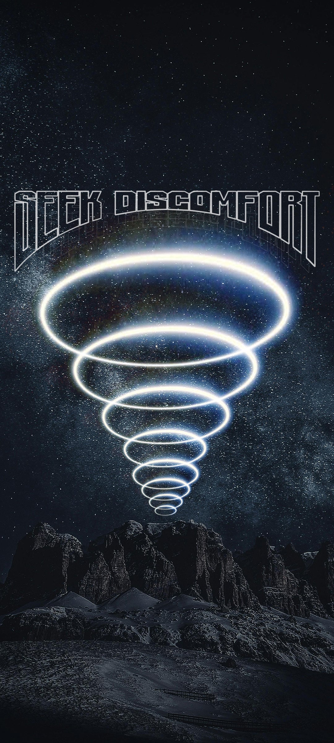 Neon light tornado against a dark sky with 'Seek Discomfort' logo.