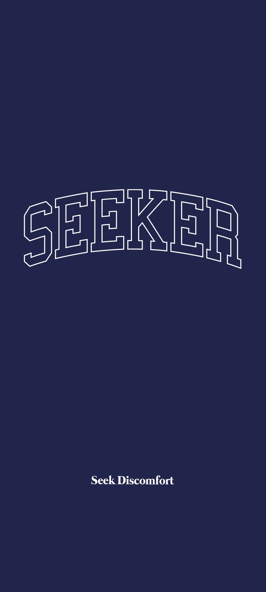 Navy blue background with 'SEEKER' text and 'Seek Discomfort' tagline.