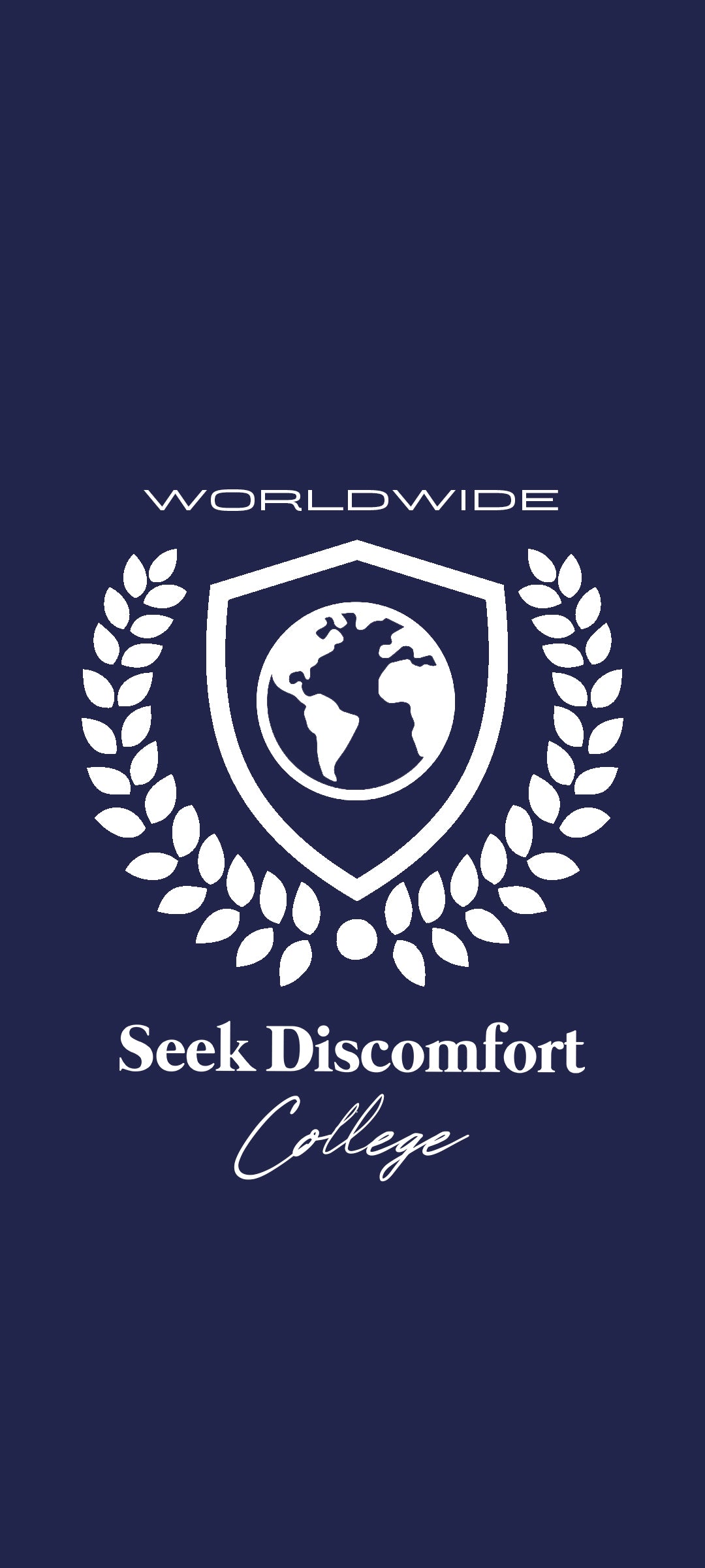 Logo with a shield and laurel wreath on a dark blue background, featuring the text 'Worldwide Seek Discomfort College'.