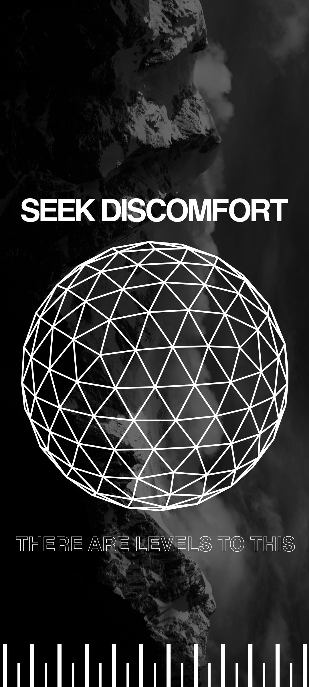 Black and white geometric design with text 'Seek Discomfort' and 'There are levels to this'.